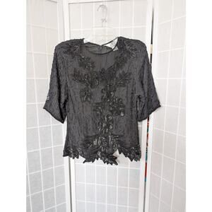 JRT James River Traders Black Beaded and Sequin Blouse Short Sleeve Size Small